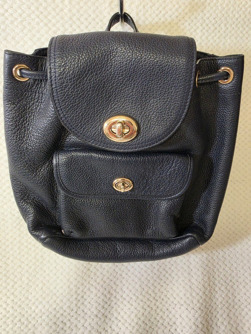 COACH Mini Turnlock Rucksack Backpack Black Pebbled Leather Gold Flawless